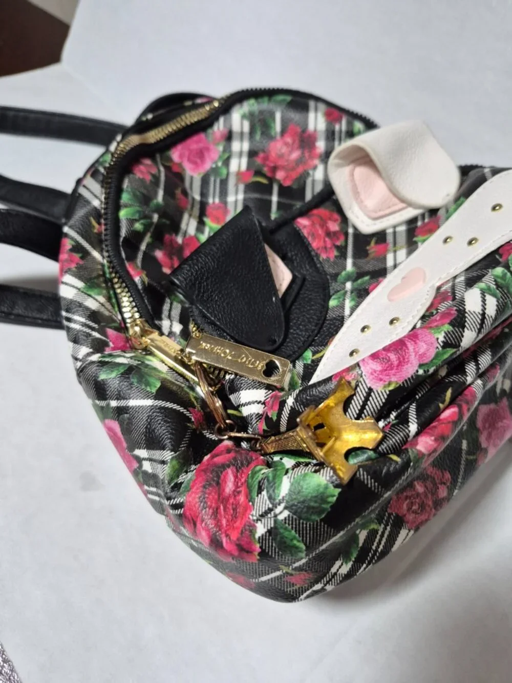 Betsey Johnson Cat Face Mini Backpack Floral Plaid Rose Kitsch Bag